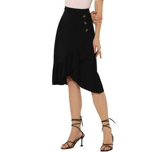 High Waisted Button Decor Asymmetrical Ruffle Hem Skirt Black